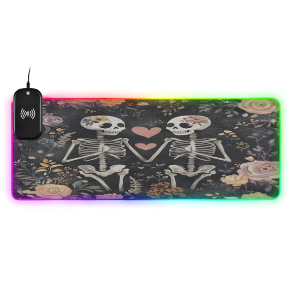 Love and Skulls Large RGB Gaming Mouse Pad with Fast Wireless Charging, 31.5''x11.8''