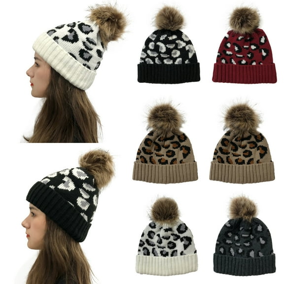 Animal Print Beanie Hat Knitted Cuffed Skull Cap Double Layer Watch Hats for Women, Men