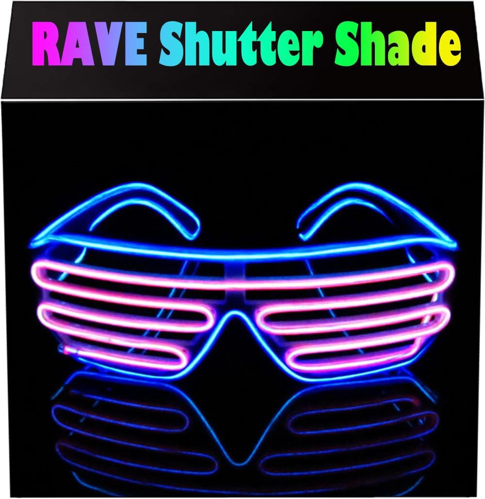 HTOY Light Up Flashing Shutter Neon Rave Glasses El Wire LED Sunglasses Glow DJ Costumes For Party, 80s, EDM RB03 (Blue - Pink)