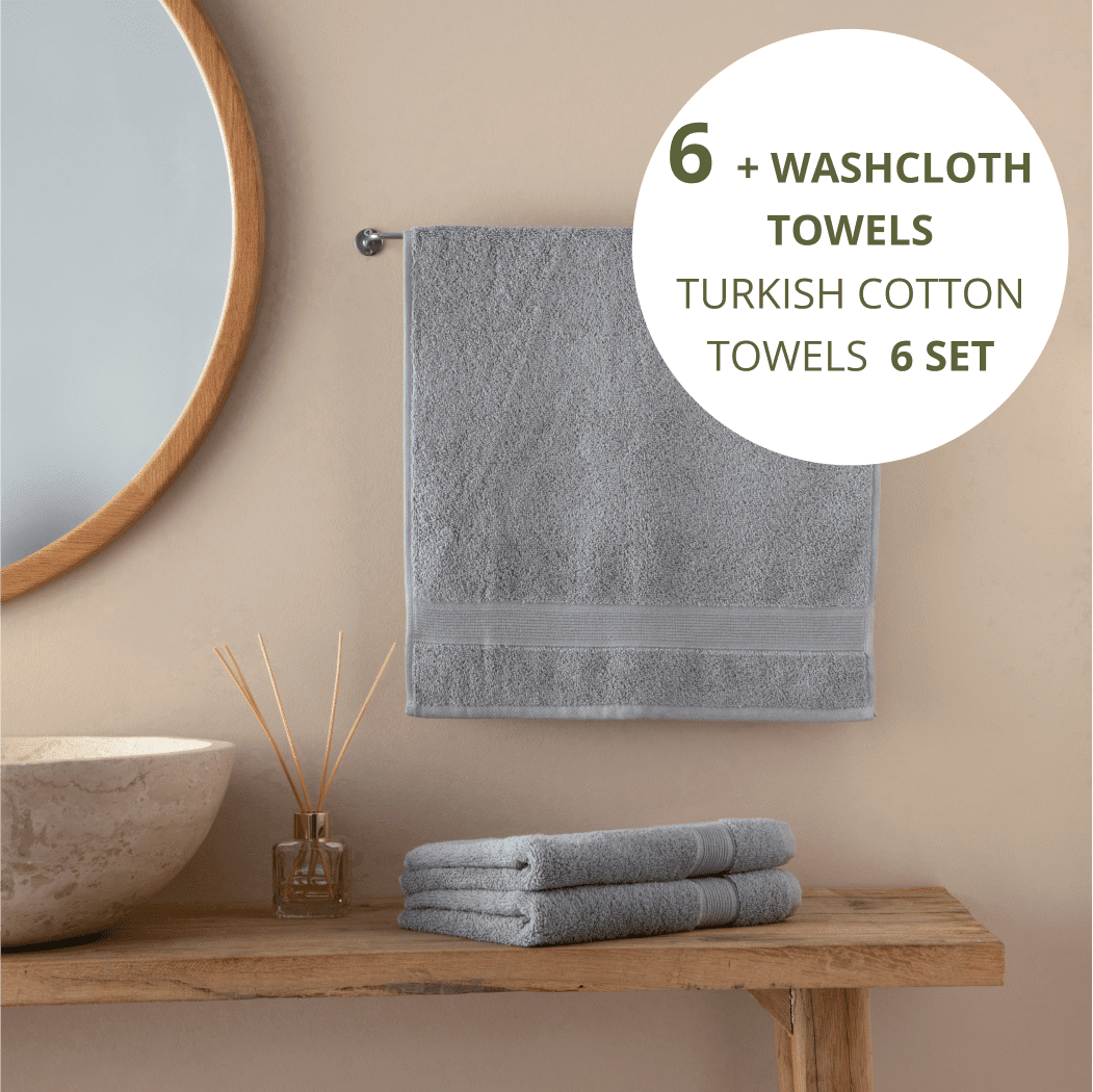 HOME ESSENTIALS Set of 6 Turkish Hand Towels for Bathroom 100% Cotton, 600 GSM Soft Touch, Fluffy, Easy Dry, Luxurious, Comfortable, Sustainable Turkish Towel 16"x30" Grey