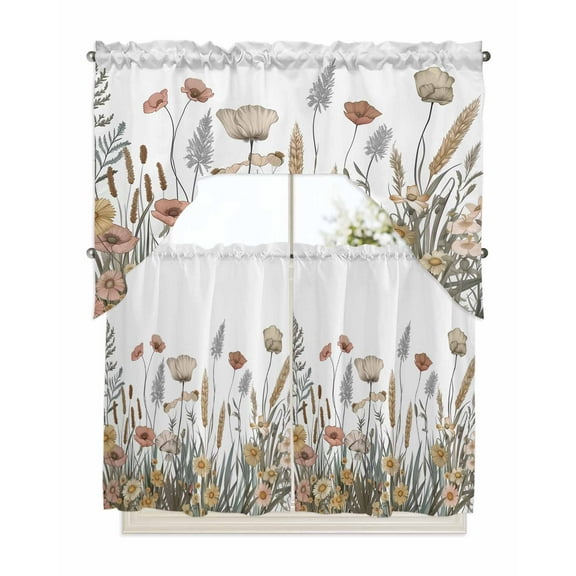 Pastoral Botanical Kitchen Curtain and Valance Set 3 Pieces, Rod Pocket Short Tier Curtains 36 Inch Length, Farmhouse Floral Watercolor Swag Topper Small Window Treatment for Cafe Bathroom Bedroom
