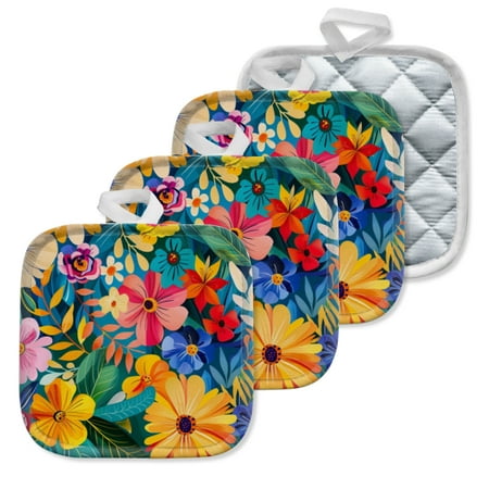 

4 Pack Pot Holders Kitchen Essential Potholder Set Multihued Flowers And Leaves In A Lush Display