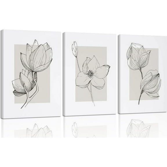 3Pcs Neutral Botanical Canvas Wall Art Beige Simple floral Painting Pictures Wall Decor Vintage Line flower Poster Print Artwork for Living Room Bedroom Bathroom Scene Home Decoration