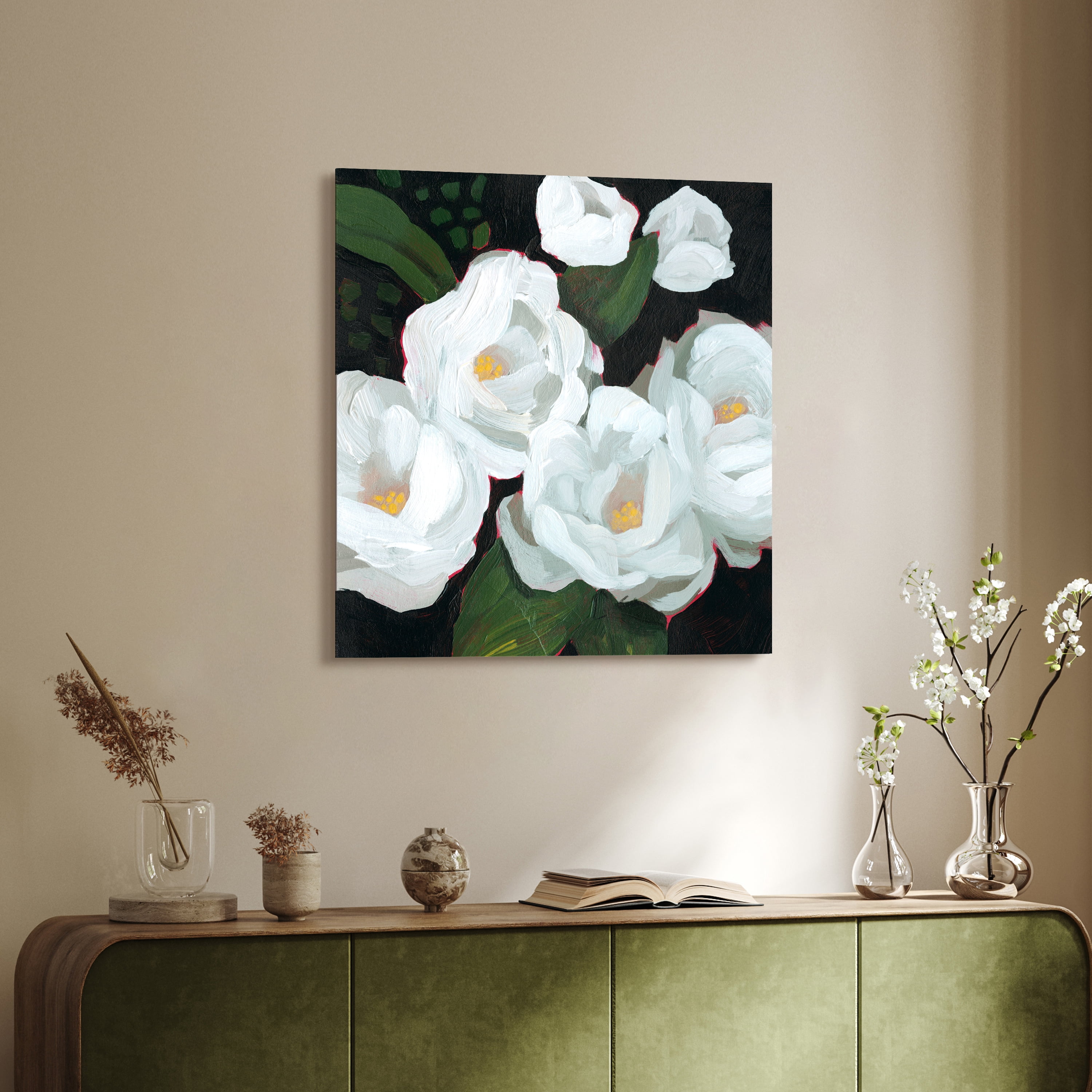 "White Blossom Serenity I" Flower Unframe Free Floating Reverse Printed Tempered Art Glass Wall Art