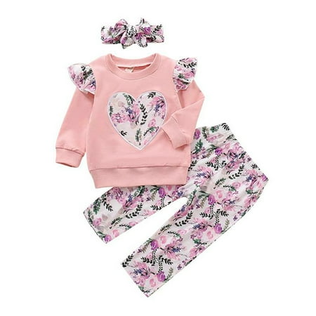 

PBaeM Baby Toddler Girls Long Sleeve Ruffle Top Pants Headband 3 Piece Casual Base Outfit Sets