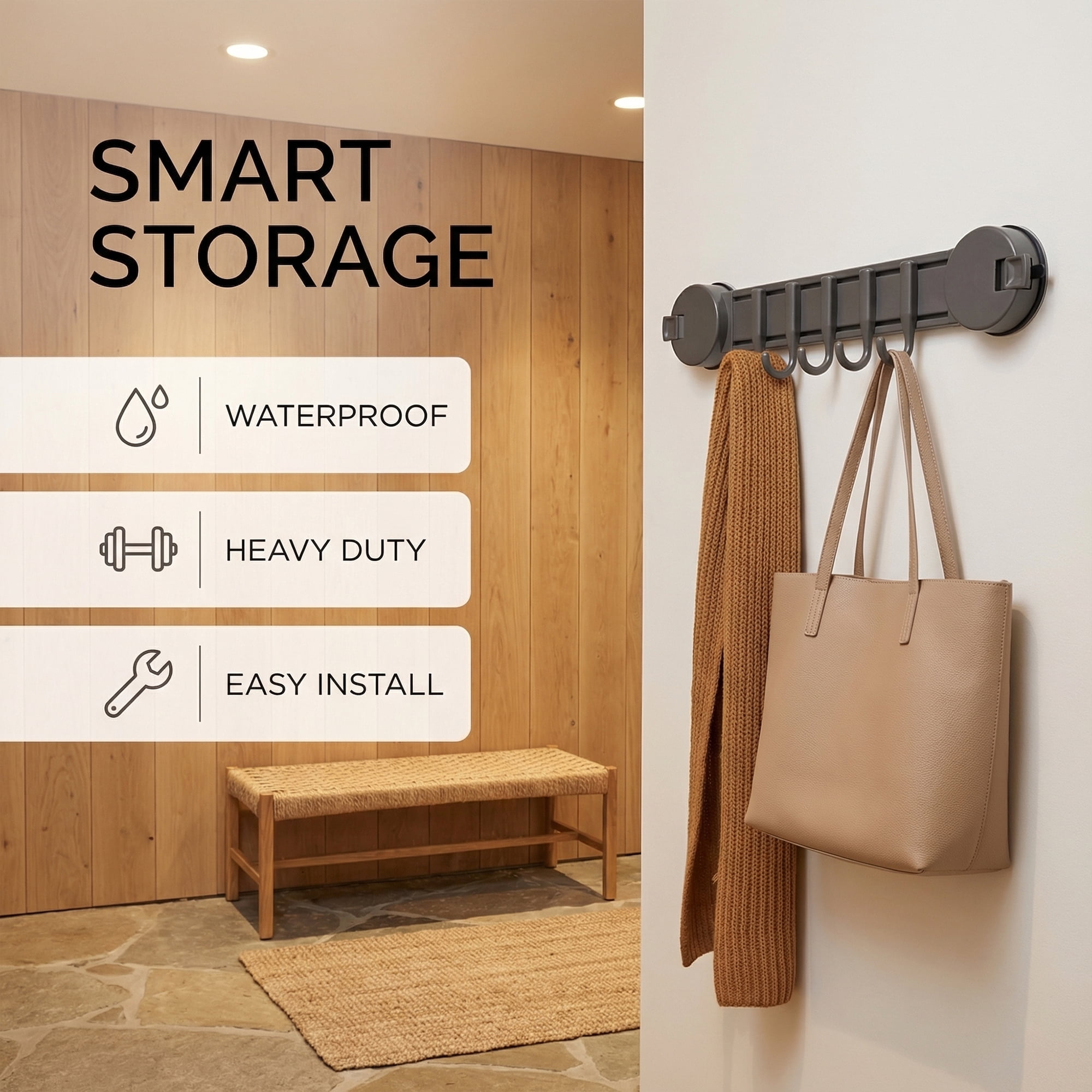 Unique Bargains Coat Rack Wall Mount Suction Cup 5 Hooks for Entryway Bathroom gray