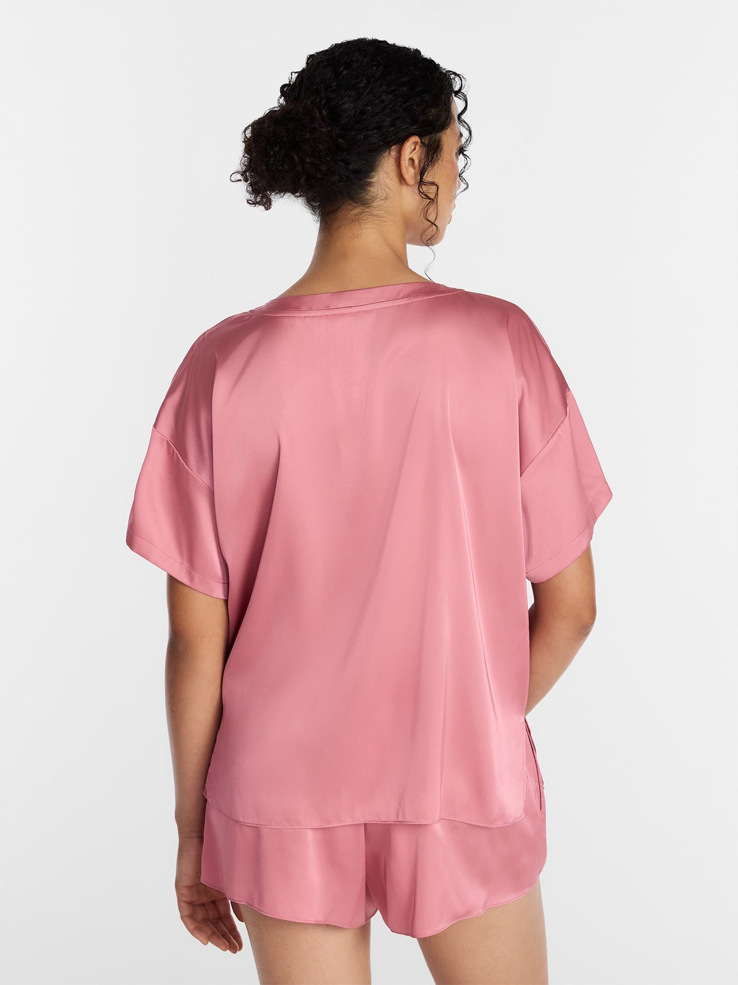 Joyspun Women’s Short Sleeve Stretch Satin Top and Shorts Pajama Set, 2-Piece, Sizes XS-3X