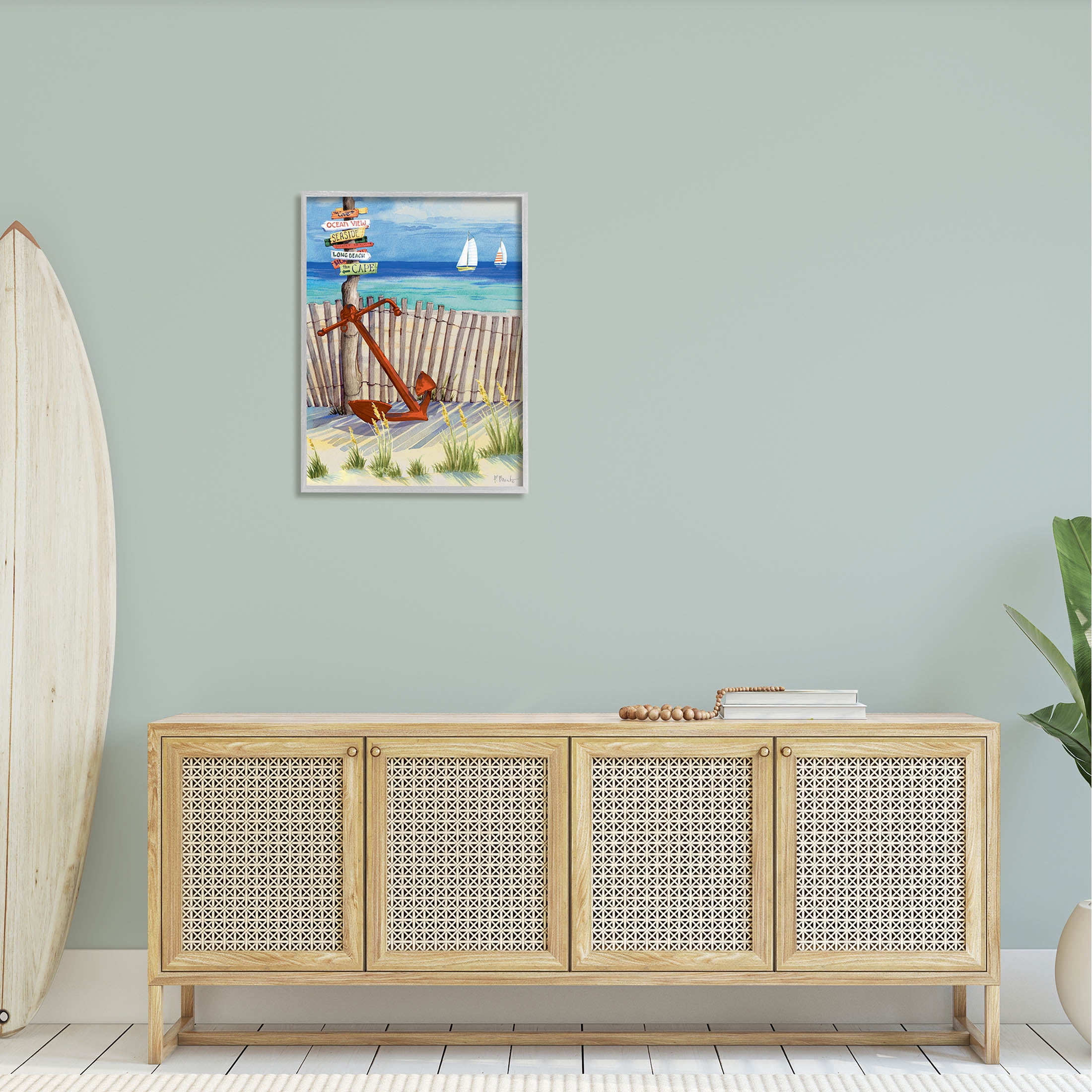 Anchor Leaning Beach Directions Sign Coastal Painting Gray Framed Art Print Wall Art