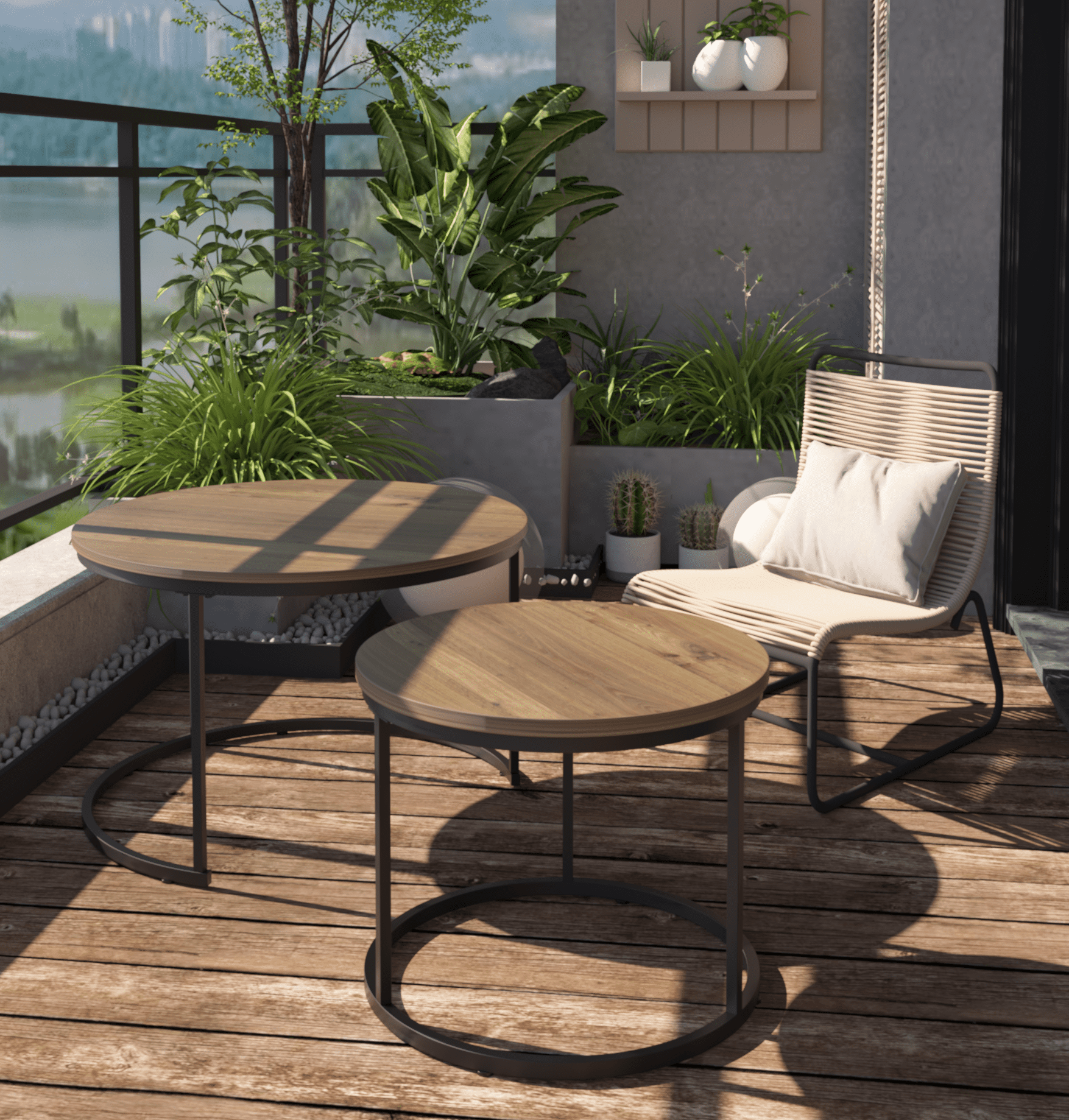 Yoneston 27.6" Round Coffee Table Set of 2, Wood Marble Pattern Top with Sturdy Metal Frame for Living Room Bedroom Balcony Yard, Brown