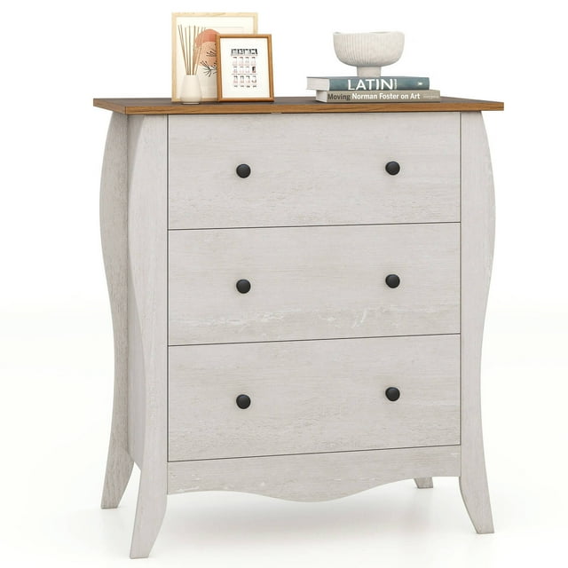 Costway 1 PCS Commode Champêtre de 30 Pouces avec 3 Tiroirs en Tissu Pliants Trousse Anti-Basculement Gris