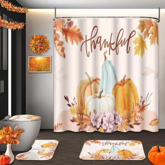Fall Shower Curtain Sets with Toilet Lid Cover and Non-Slip Rugs, Thankful Autumn Leaves and Pumpkins 4 Pcs Shower Curtains for Bathroom, Watercolor Bathroom Decor Accessories