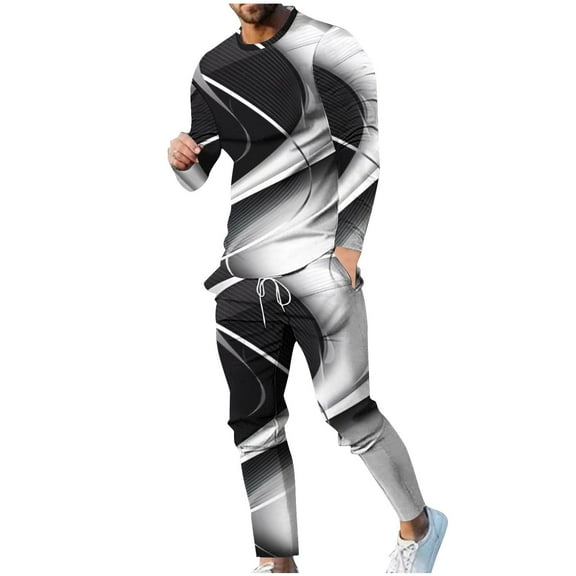 Stamzod Men Long Sets Outfits 2 Piece Fashion Gradient Crewneck Long Sleeve Shirt and Joggers Set Casual Track Suit for Outdoor Workout Gym Running Black-1 XXL