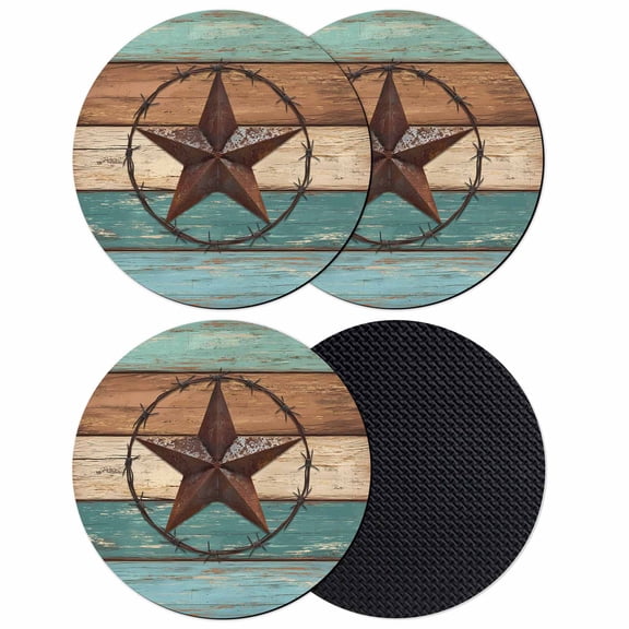 Vintage Teal Coasters Set of 4, Brown Western Texas Barn Star Wood Grain Absorbent Coasters for Drinks, Coaster for Bar Office Dining Coffee Table Accessories Decor, Non Slip Round Desk Coaster