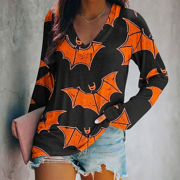 Ailaofu Ladies Long Sleeve Halloween and Christmas Decorative Basic V-Neck Casual Shirt Fashion Tops