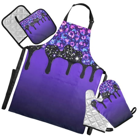 Ryvnso Leopard Purple Glitter Kitchen Apron Oven Mitts Set Pot Holders