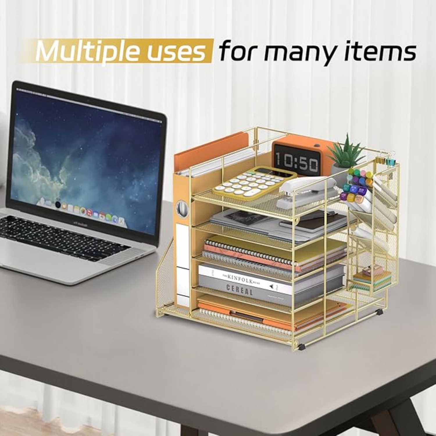 INTIGE Desk Organizer and accessories, 5-Tier Paper Organizer for Desk with Pen Holder and Magazine Holder, Paper Letter Tray for Home, Office