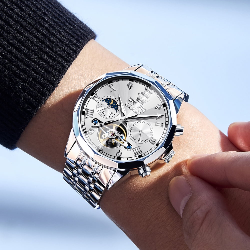OLEVS Automatic Watches for Men Self Winding Mechanical Skeleton Luxury Dress Chronograph Gold Plated Stainless Steel Calendar Moon Phase Waterproof Luminous Mens Wrist Watches Reloj Para Hombre
