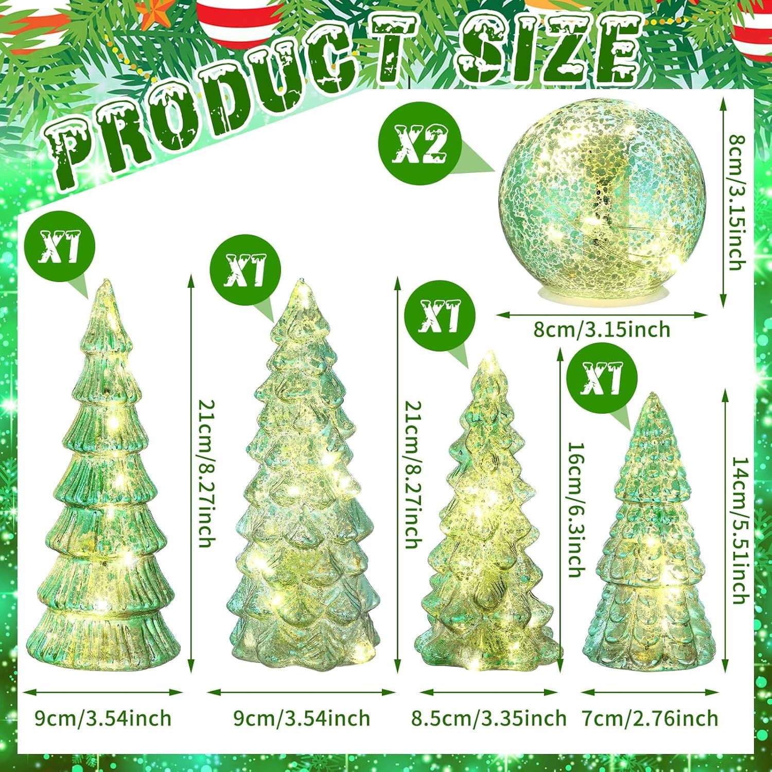 6 Pcs Mercury Glass Christmas Tree for Tabletop Light up Figurine Christmas Tree Mercury Cracked Glass Globe with Light for Xmas Decor Home Party Centerpiece Mantel Gift