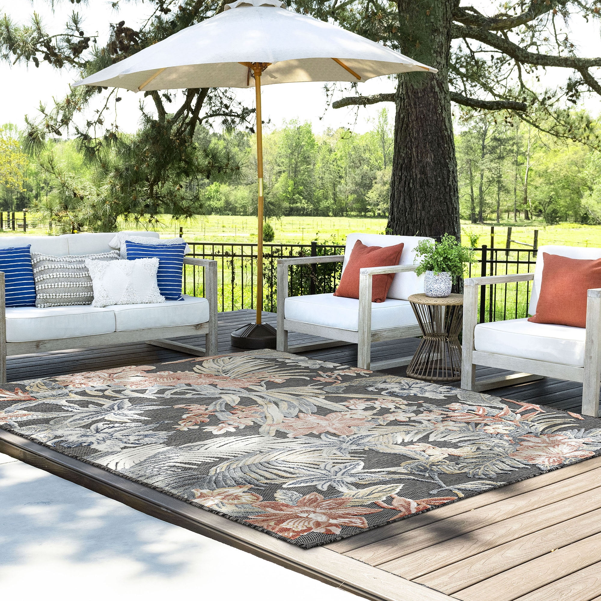 5x7 Water Resistant, Indoor Outdoor Rugs for Patios, Front Door Entry, Entryway, Deck, Porch, Balcony | Outside Area Rug for Patio | Black, Floral | Size: 5'1'' x 7'3''