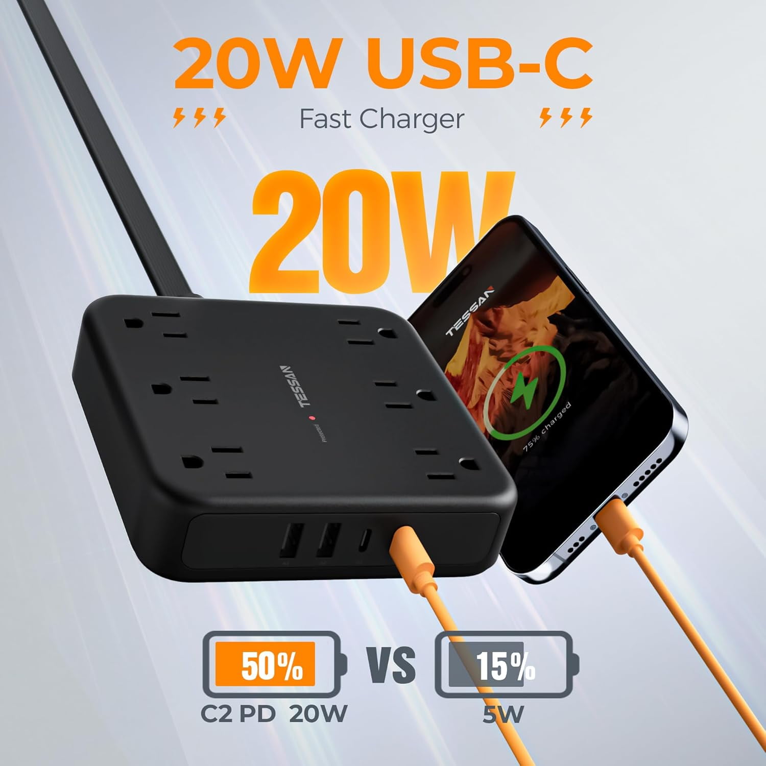 Black Extension Cord with Fast Charger, Surge Protector Power Strip with 6 Outlets and 4 USB Ports (2 USB C), 2100 Joules Protection, Flat Plug, Multi Outlet Extender for Home, Office, Dorm