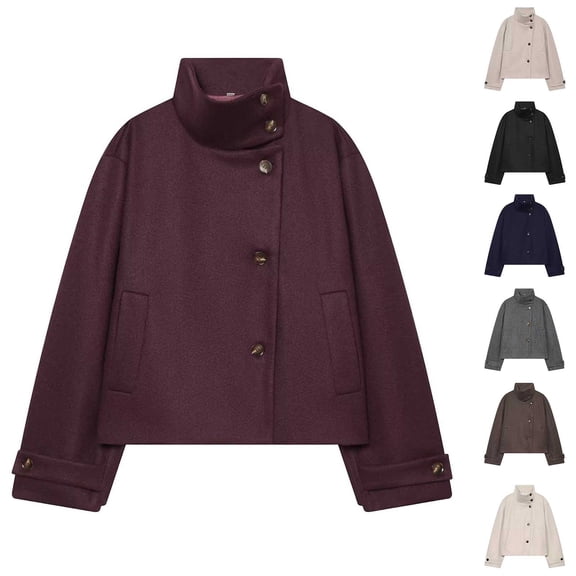 Kezqiaxn Women's Coats Fashion Long Sleeve Button Stand Collar Winter Loose Casual Jacket Lounge Outwear Cute Clothes Red M