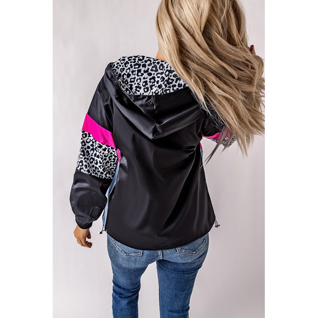 ABPHQTO Chaqueta de mujer con capucha y cremallera en los bolsillos color block de leopardo negro