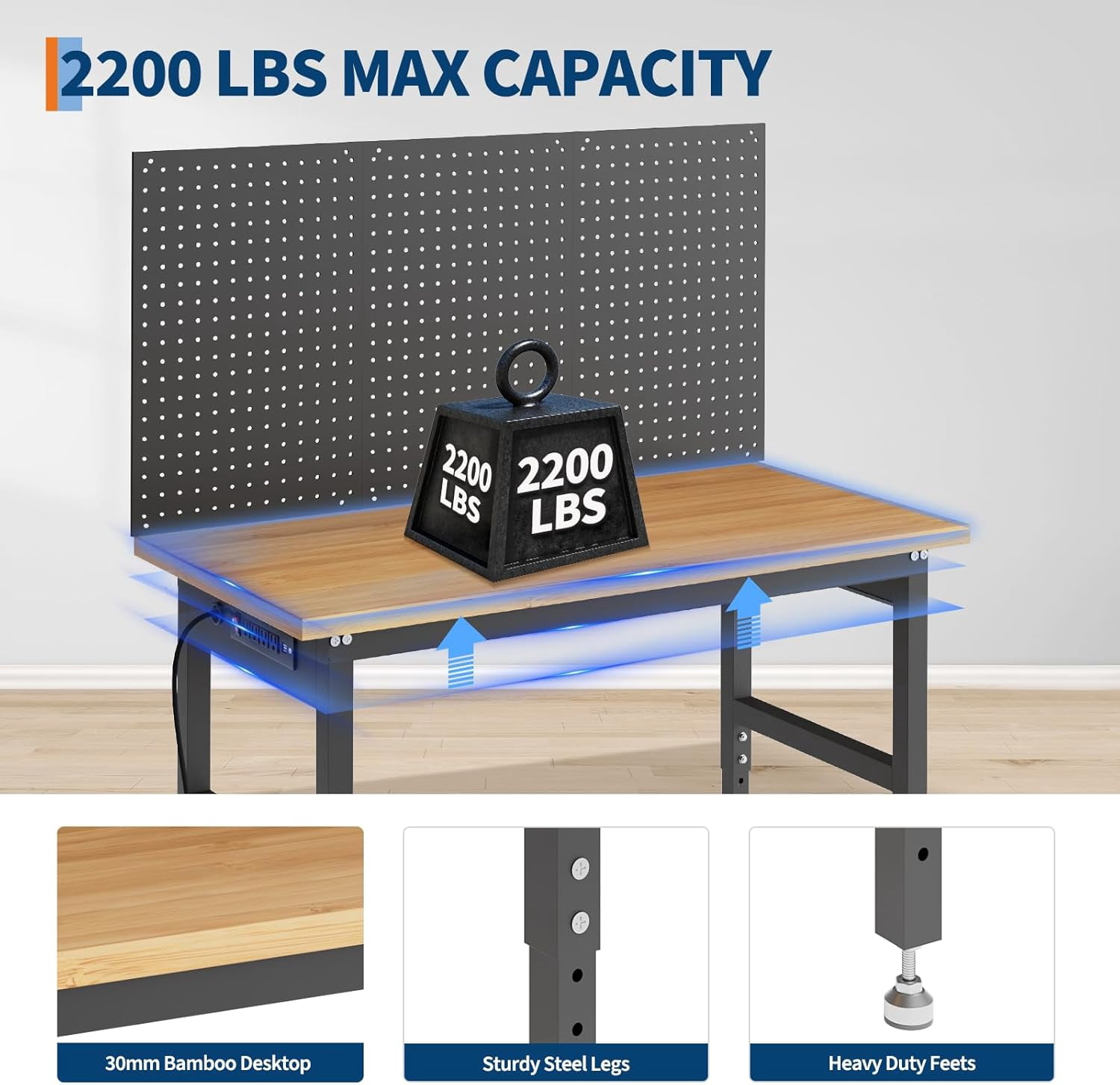 60" Heavy Duty Work Bench,Adjustable Height 28"-40" Max Load 2200 LBS with Storage for Garage Workbench,with Pegboard for Woodworking Shop Garage Home DIY Projects
