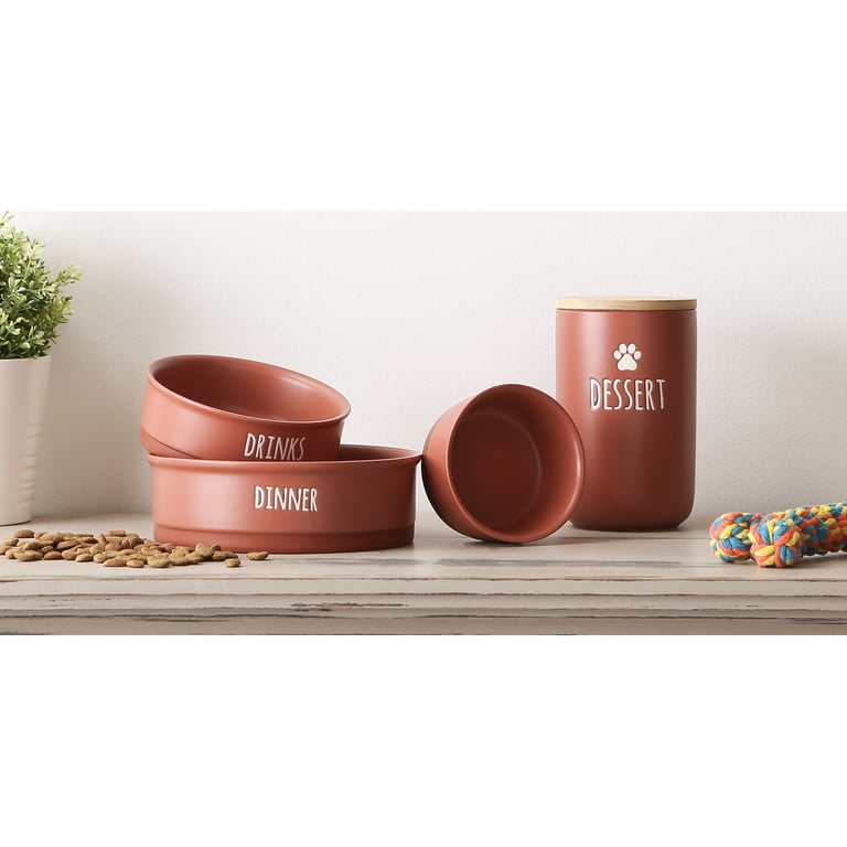 Bone Dry Ceramic Pet Bowls Set - 2 Large Terra Cotta Bowls With Silicone Base, 7.5x2.5 Inches