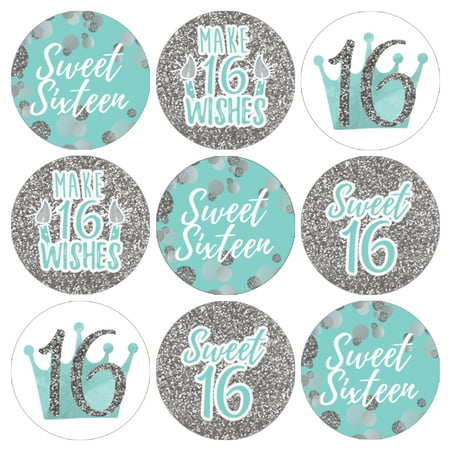 Sweet 16 Party Favor Stickers, 324 Count - Blue and Silver 16th Birthday Party Decorations, Sweet Sixteen Party Favors