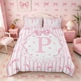 thumbnail image 3 of Meiyoeat Kawaii Bow Letter P Print Bedding, Floral Stripes Love Heart Duvet Cover Full, Pink White,3pcs,No Comforter,Pink Reversible, 3 of 6