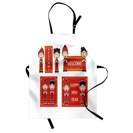 - Chinese New Year Apron Happy Wishes and Greeting with Little Boys Girls Joyful Lunar Festival, Unisex Kitchen Bib Apron with Adjustable Neck for Cooking Baking Gardening, Multicolor, by Ambesonne