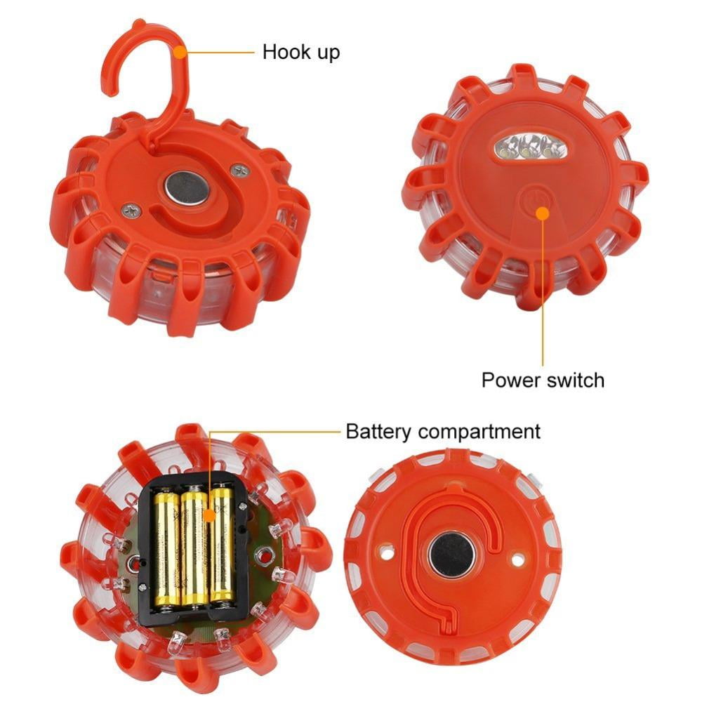 Premium Storage Bag 4 Pack Batteries Not Included 4 LED Road Flares Safety Flashing Warning Light Roadside Emergency Disc Beacon Kit for Vehicles Boats with Magnetic Base /& Hook AK