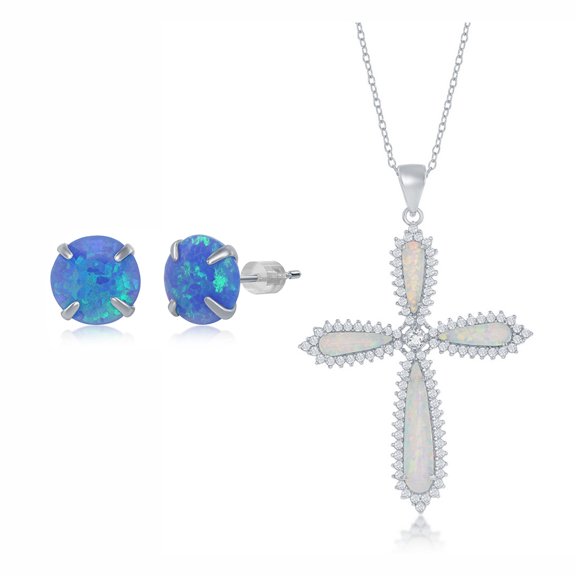 925 Sterling Silver Rhodium Plated White/Blue Inlay Created Opal with Cubic Zirconia Border Large Cross 43x31mm Pendant 18’’ Necklace Including 6mm Round Blue Created Opal Stud Earrings Jewelry Set