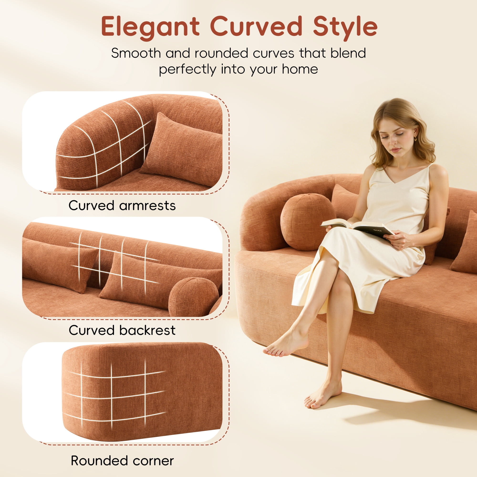 Leumius 86" Chenille Boneless Couch, Upholstered Sofa with Pillows, No Assembly Curved Cloud Couch with High-Density Foam, 3-Seater Luxury Modern Compressed Sofa for Living Room&Apartment Orange