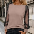 thumbnail image 2 of GBSYEWXS Women Tops Trendy Long Sleeve Solid Color Shirts Mesh Crew Neck T-Shirts Khaki, 2 of 4