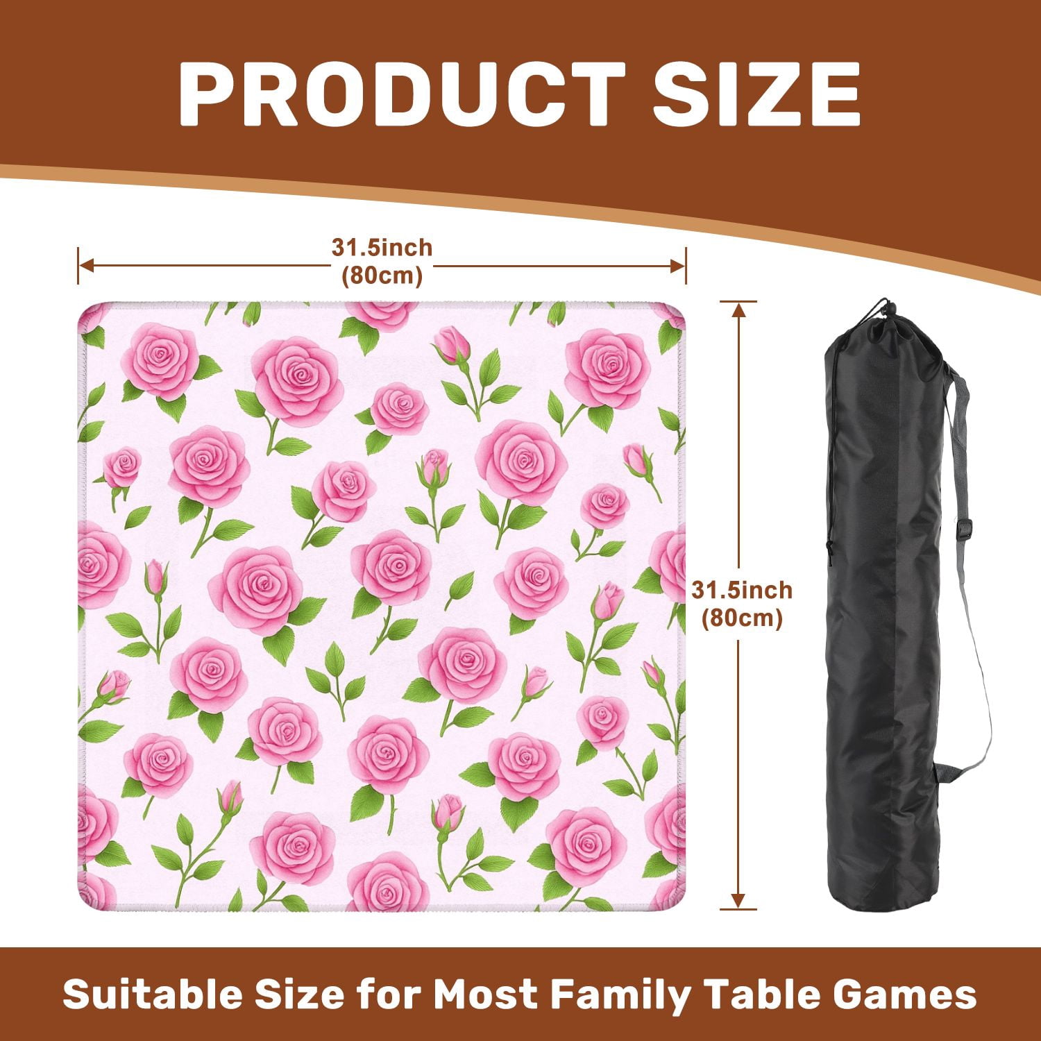 Mahjong Mat 31.5" x 31.5" Seamless Pink Rose Flower Green Leaves Light Non-Slip Noise Reduction American Mahjong Tiles Table Cover for Dominoes Poker Card Board Games Gift
