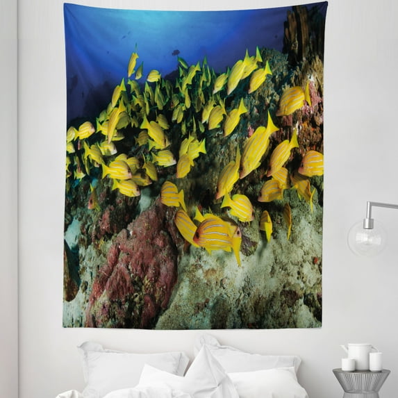Sea Life Tapestry, Tropical Fish on a Coral Reef Hawaiian Ocean Floor Environment Animals in World, Fabric Wall Hanging Decor for Bedroom Living Room Dorm, 5 Sizes, Multicolor, by Ambesonne