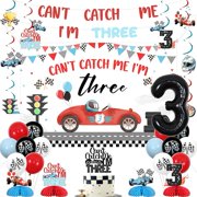 Race Car 3rd Birthday Decorations Kit for Boy Can't Catch Me I'm Three Backdrop Banner Hanging Swirl Honeycomb Centerpieces Racing Car Cake Toppers for Vintage Race Car 3rd Birthday Party Supplies