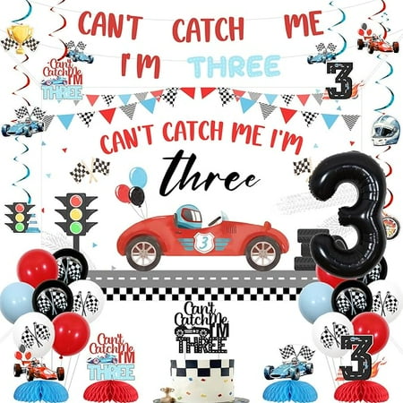 Race Car 3rd Birthday Decorations Kit for Boy Can't Catch Me I'm Three Backdrop Banner Hanging Swirl Honeycomb Centerpieces Racing Car Cake Toppers for Vintage Race Car 3rd Birthday Party Supplies