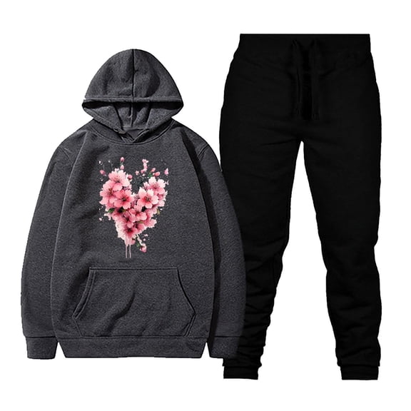 Hueook Women 2 Piece Outfits Sets Women's Casual Printed Pocket Hoodie with Long Sleeves and Pants Set Dark Gray 3X