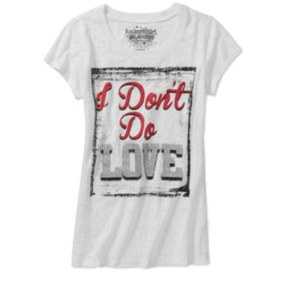 Rocker Girl Junior Womens White Glitter I don't Do Love T-Shirt Valentines L