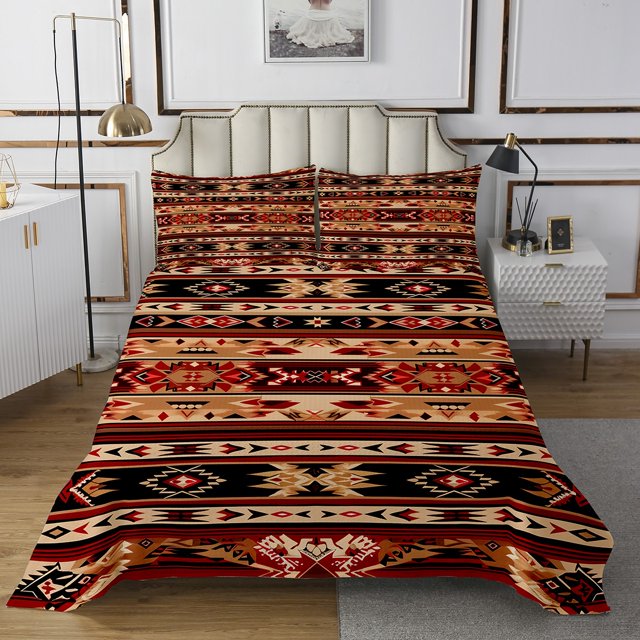 Western Quilt Set Southwestern Coverlet Set,Geometric Aztec Bedspread Set Queen,Retro Exotic Stripes Quilted Geometry Triangle Western Decor for Bedroom