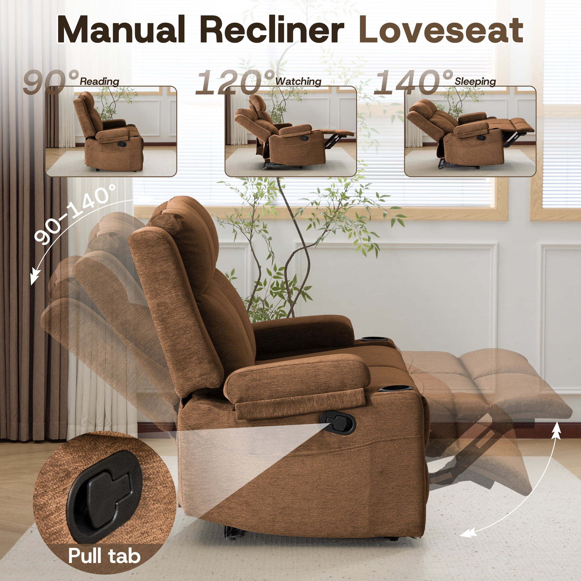 Chenille Reclining Couch, Manual Reclining Loveseat with Cup Holders, Wide Seat, Spill-Resistant Fabric, Easy Assembly, for Living Room/Apartment/RV Recliner Sofa