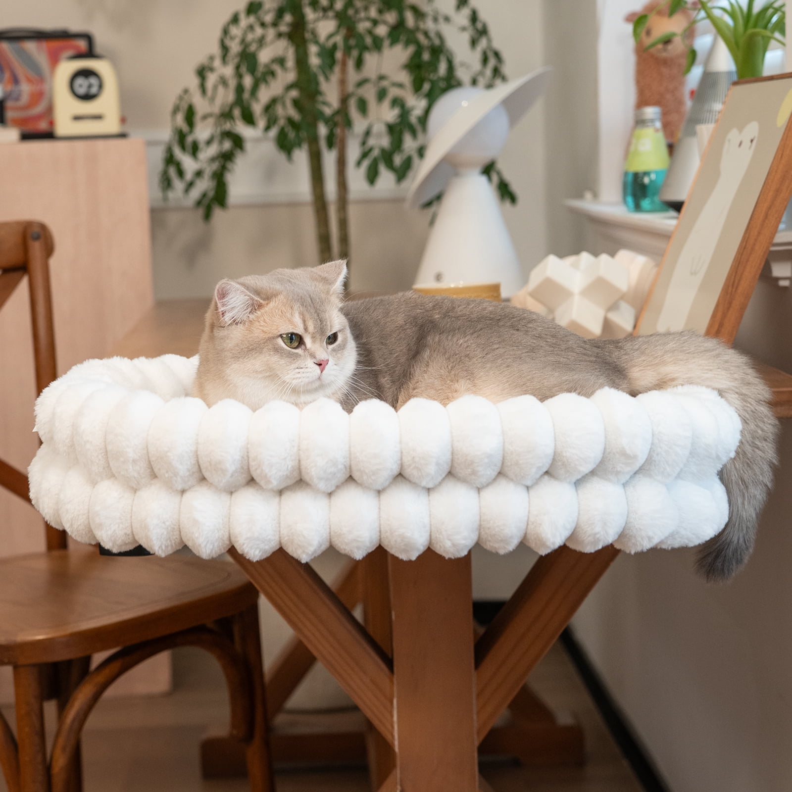 CheerPals Cat Desk Bed, 21*15in Double-Layer Foldable Cats Hammock, Plush&Grids Design for All Reason(Medium,White)