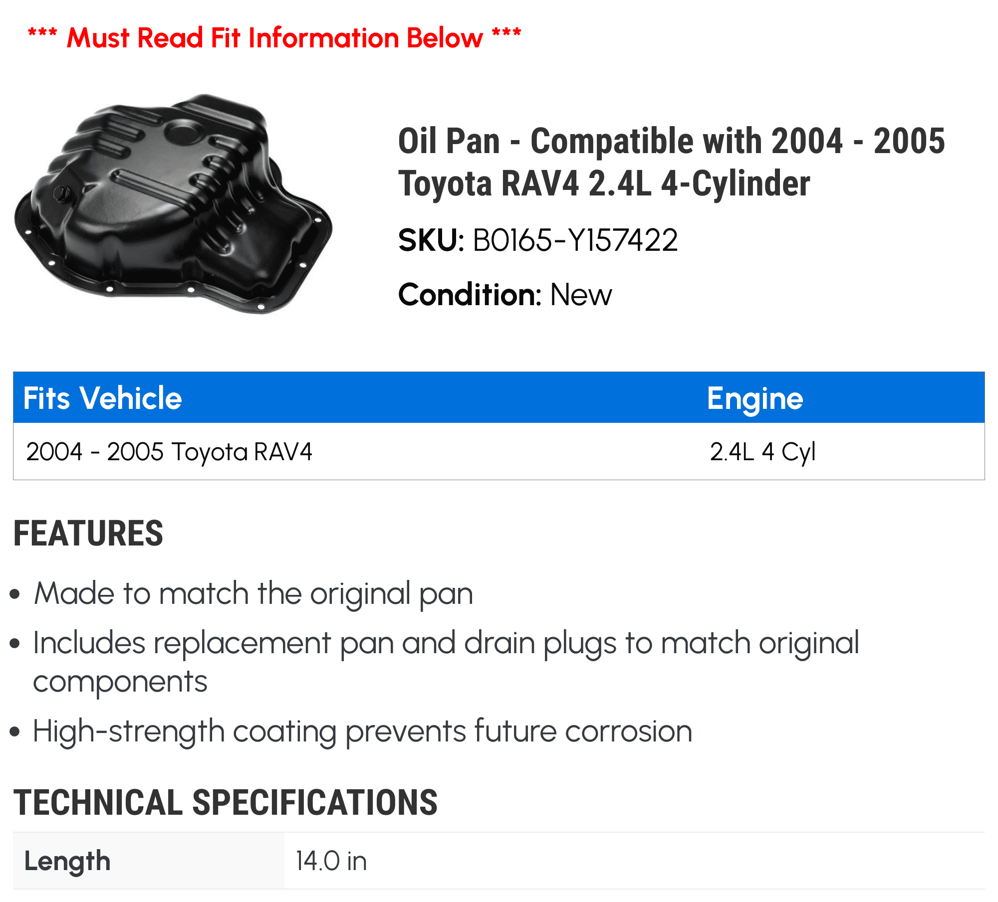 Oil Pan - Compatible with 2004 - 2005 Toyota RAV4 2.4L 4-Cylinder - Dorman