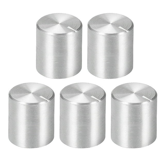 5 piezas de perilla de potenciómetro con eje estriado tono plateado de aluminio, diámetro del eje de 6 mm, perilla rotativa de 10 mm x 10 mm para control de volumen
