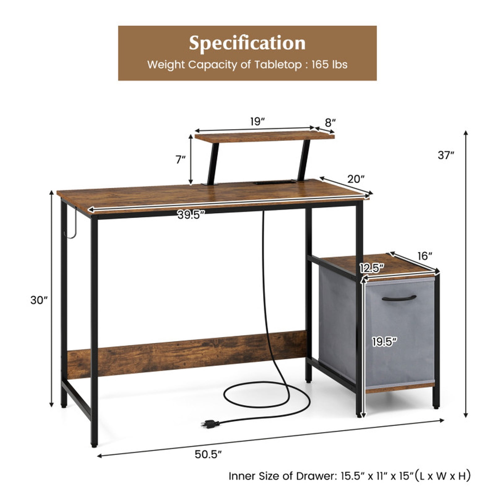 Furnibear Industrial Computer Desk with Reversible Fabric Storage Drawer, Moveable Shelf and USB Charging Station Brown
