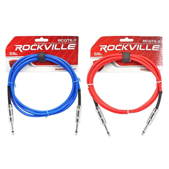 2 Rockville 6' 1/4" TS to 1/4'' TS Guitar/Instrument Cable (Red and Blue)
