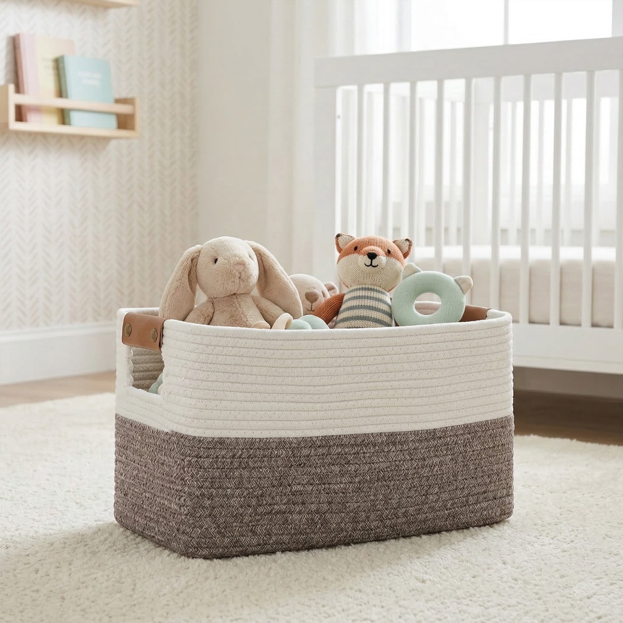 Unique Bargains Woven Large Shelf Closet Storage Bin White Brown 18.9*11*9.1in