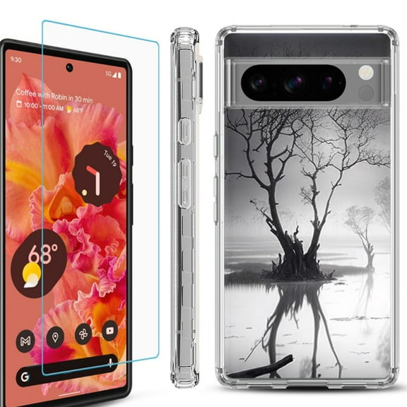 OneToughShield ® Compatible with Google Pixel 8 Pro, Shockproof Phone Case, with Tempered Glass Screen Protector - Tree BW
